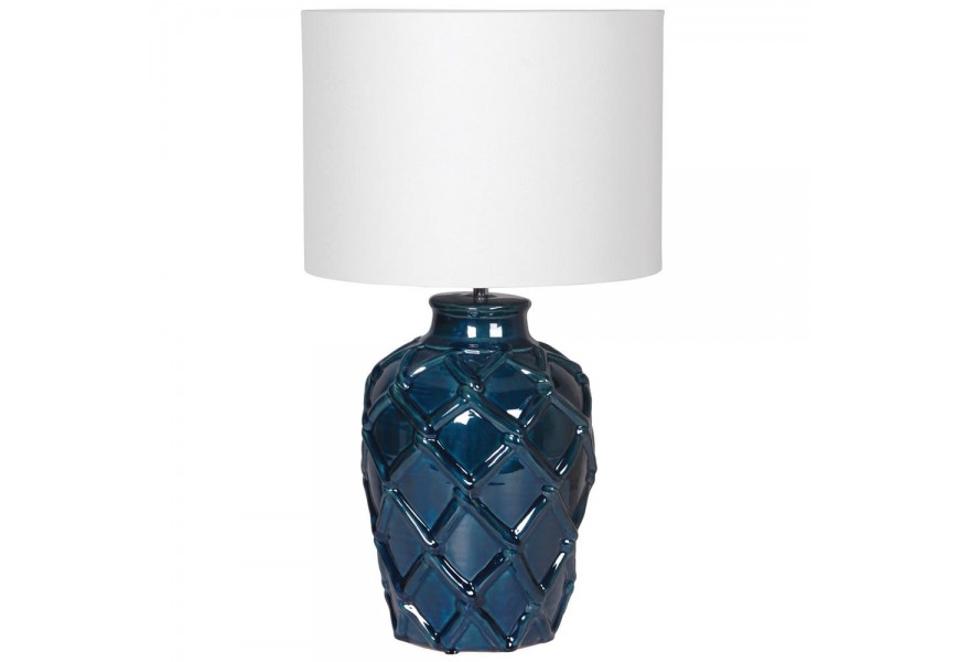 Elegantná keramická nočná lampa Elador II v modrej farbe s ornamentálnym motívom a bielym tienidlom 62cm