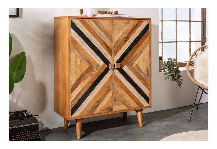 Štýlová masívna skrinka Frida Blanca z mangového dreva hnedej farby s geometrickým vzorom