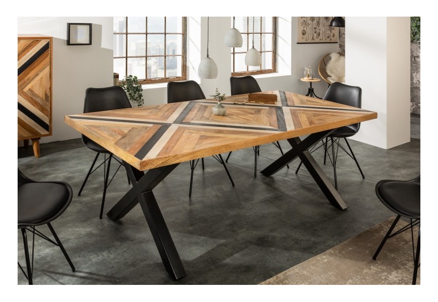 Dizajnový industriálny jedálenský stôl Frida Blanca z mangového masívu s čiernymi kovovými nohami