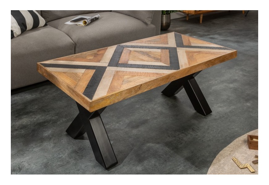 Dizajnový ornamentálny konferenčný stolík Frida Blanca z masívneho mangového dreva s čiernymi nohami