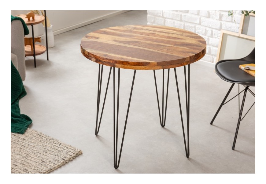 Dizajnový okrúhly jedálenský stôl Makassar z masívneho palisandrového dreva hnedej farby s čiernymi nohami z kovu