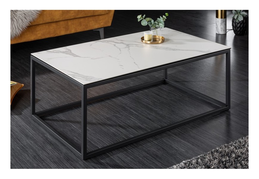 Dizajnový konferenčný stolík Collabor s bielou keramickou povrchovou doskou s mramorovým efektom