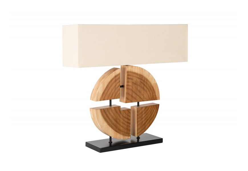 Moderná stolná lampa Vilma s kruhovým dreveným podstavcom a ľanovým tienidlom béžovej farby