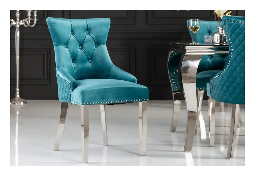 Dizajnová zámocká jedálenská stolička Eleanor so zamatovým poťahom tyrkysovej farby s kovovými striebornými nohami