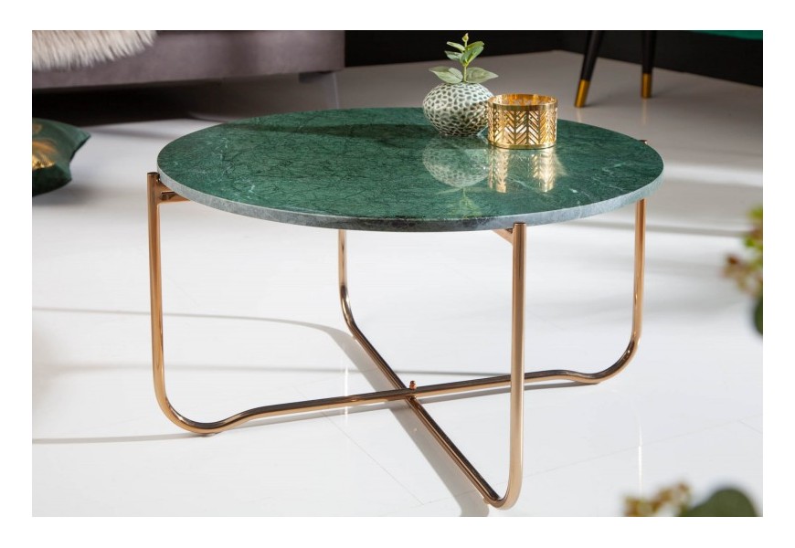 Art-deco štýlový konferenčný stolík Noble kruhového tvaru v zelenej farbe so zlatou konštrukciou