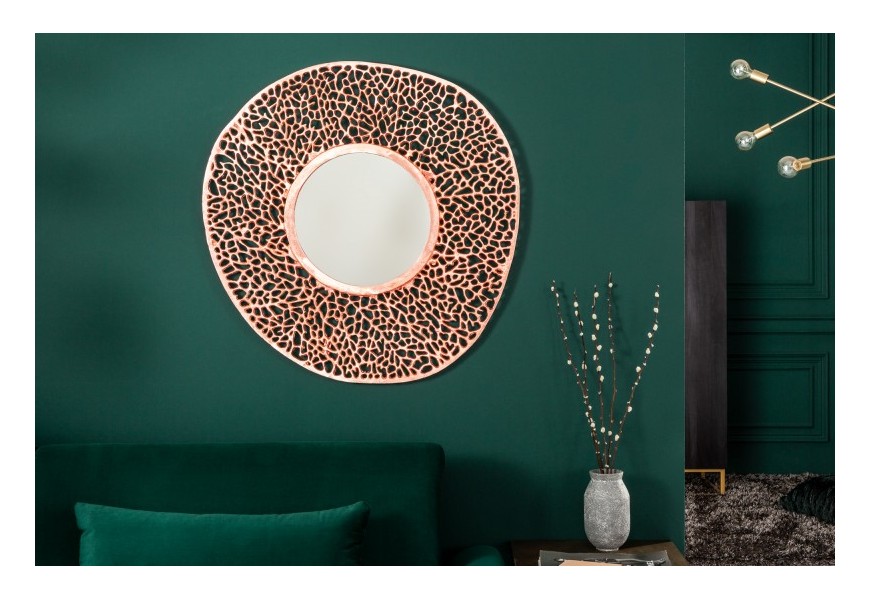 Dizajnové art-deco závesné zrkadlo Girvan s kruhovým kovovým rámom medenej farby