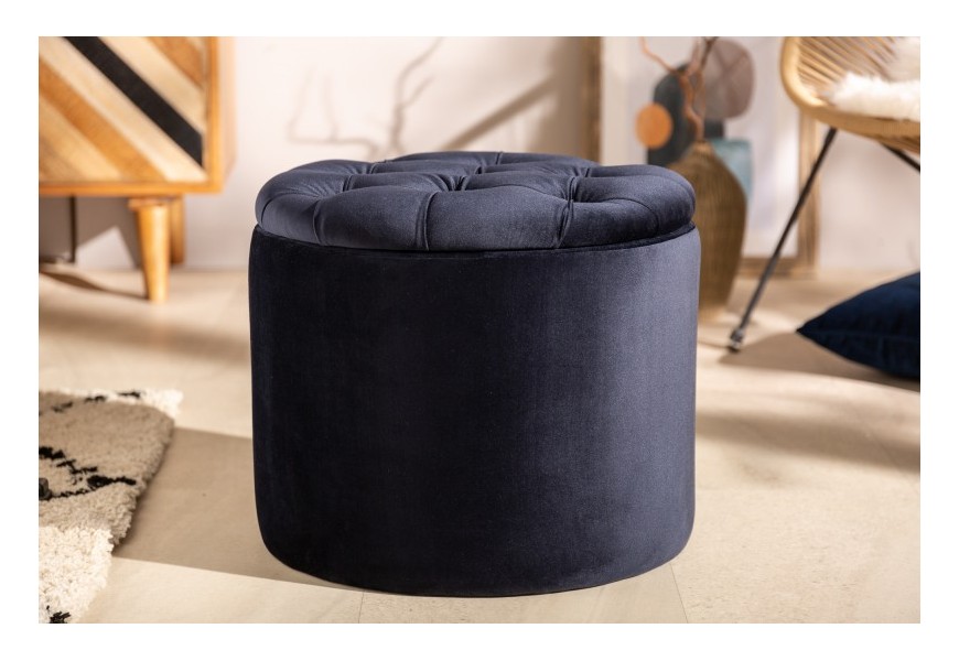 Štýlová kruhová taburetka Modern Barock zo zamatu v tmavomodrej farbe s úložným priestorom