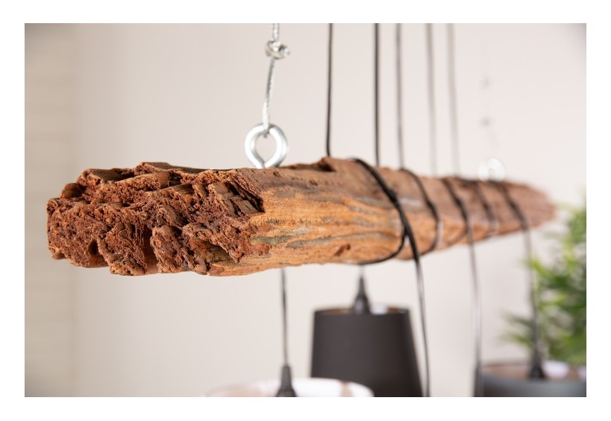 Dizajnová industriálna závesná lampa Elegans z dreva hnedej farby s piatimi tienidlami