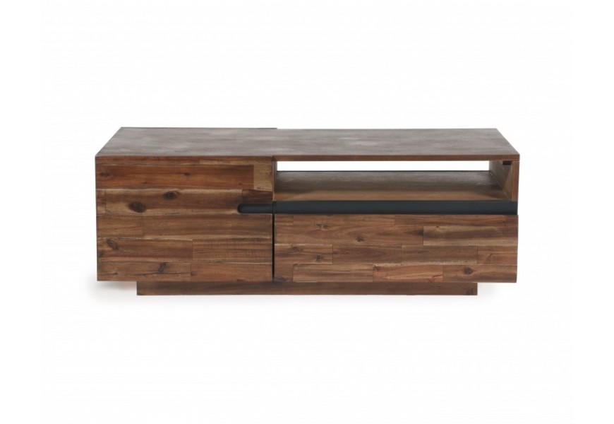 Štýlový moderný konferenčný stolík Alana z masívu hnedej farbys dvierkami a poličkami