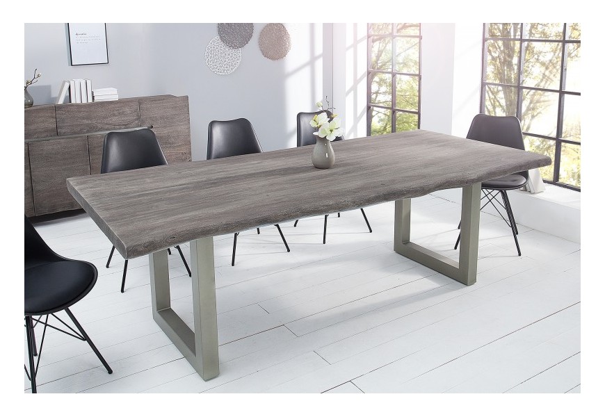 Industriálny jedálenský stôl z masívneho agátového dreva v sivom odtieni s oceľovými nohami