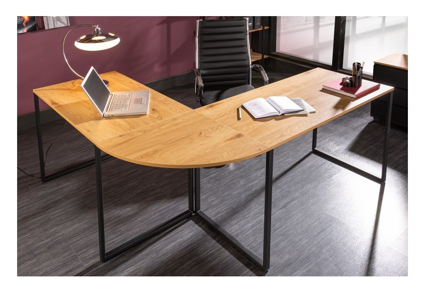 Moderný rohový kancelársky stôl Big Deal z dreva hnedej farby s čiernou kovovou konštrukciou
