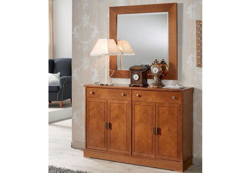 Luxusná rustikálna komoda Carmen hnedej farby z masívneho dreva so zásuvkami a kovovými úchytkami zlatej farby