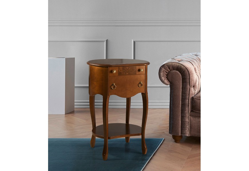 Luxusný rustikálny príručný stolík Castilla z masívneho dreva s oblým tvarom, dvomi zásuvkami a poličkou