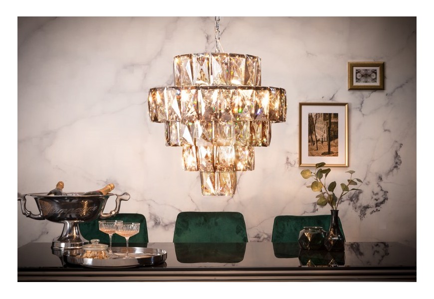 Dizajnový sklenený luster Leontin v art-deco štýle so 75 sklenenými kryštálmi na kovovej konštrukcii