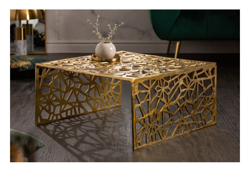 Dizajnový štvorcový art-deco konferenčný stolík Hoja z kovu v zlatej farbe