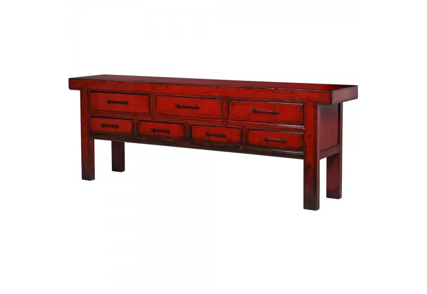 Tmavočervený patinovaný masívny príborník Kolorida z borovicového dreva so siedmymi zásuvkami