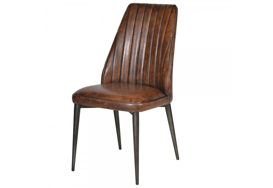 Štýlová vintage jedálenská stolička Bard s tmavohnedým poťahom z ekokože a s kovovou konštrukciou