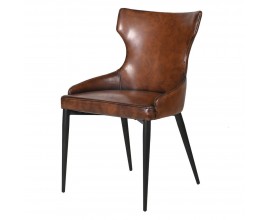 Kožená vintage jedálenská stolička Bard s hnedým čalúnením z ekokože a čiernymi kovovými nohami