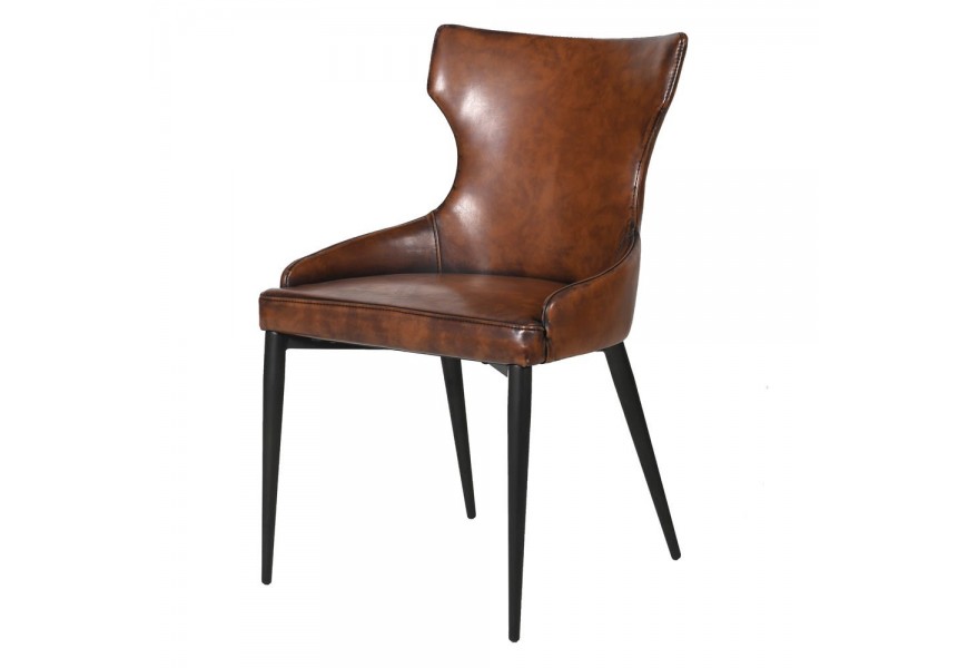 Kožená vintage jedálenská stolička Bard s hnedým čalúnením z ekokože a čiernymi kovovými nohami