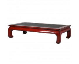 Tmavočervený vintage konferenčný stolík Rojada z masívneho dreva a ratanu
