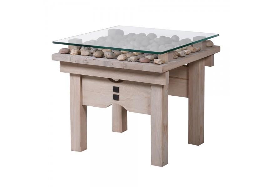 Nadčasový a dizajnový orientálny konferenčný stolík Piedroja z masívneho dreva so sklenenou doskou a kameňmi