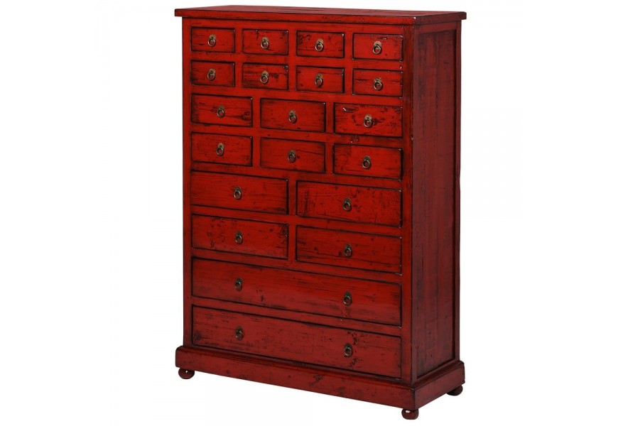 Masívny vintage komoda Rojada v červenej farbe s tmavou patinou s dvadsiatimi zásuvkami
