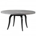 Kruhový jedálenský stôl vo vintage štýle s čiernymi kovovými nohami a so sivou štruktúrovanou povrchovou doskou
