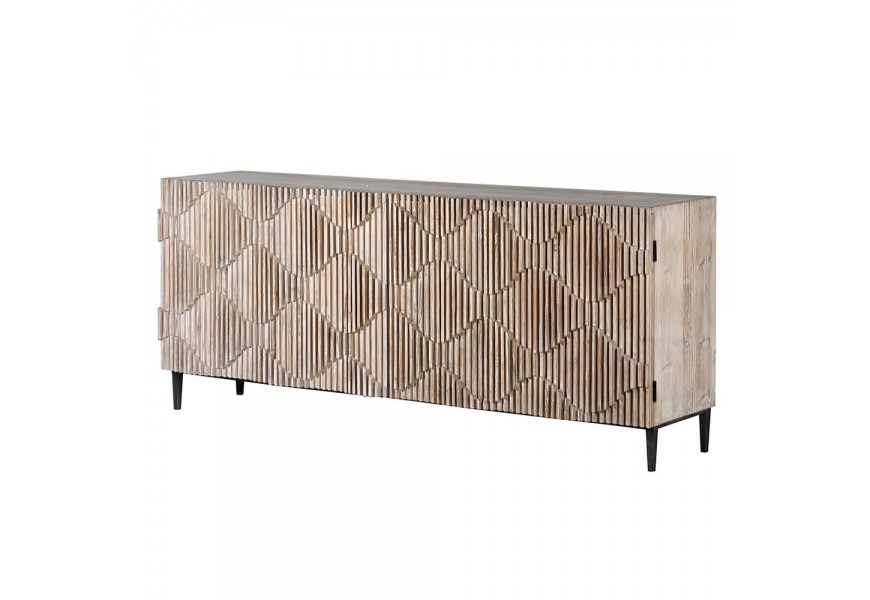 Sivohnedý masívny príborník Millenium s vlnitým zdobením a s čiernymi nohami