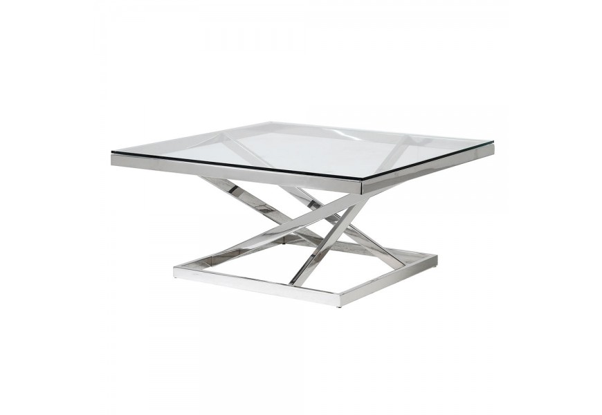 Štýlový sklenený konferenčný stolík Cromia štvorcového tvaru  s kovovou chrómovou konštrukciou