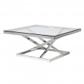 Štýlový sklenený konferenčný stolík Cromia štvorcového tvaru  s kovovou chrómovou konštrukciou