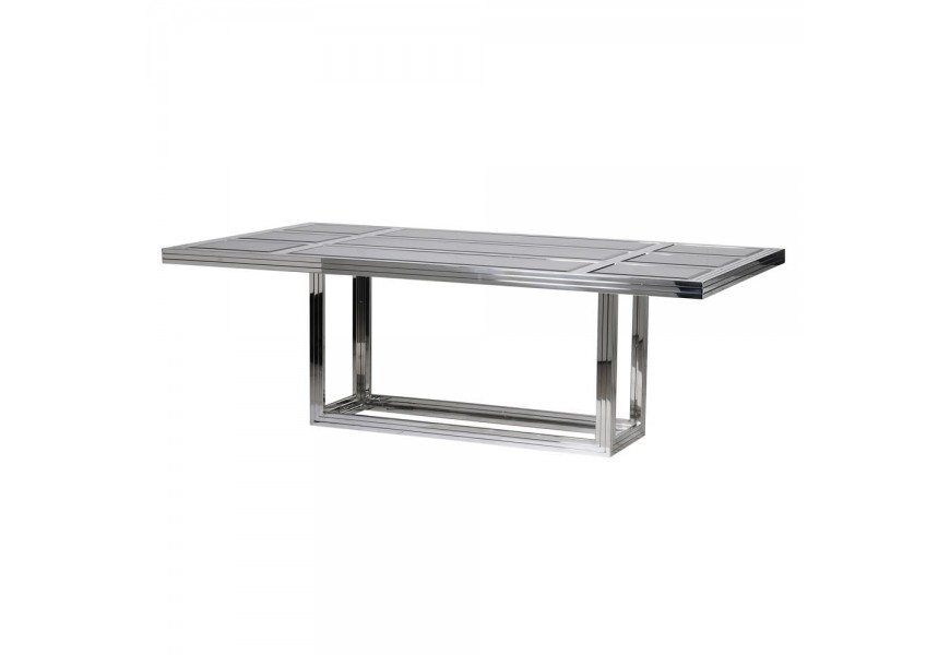 Chrómový obdĺžnikový jedálenský stôl Dannea s kovovou konštrukciou a z temperovaného skla v čiernom odtieni