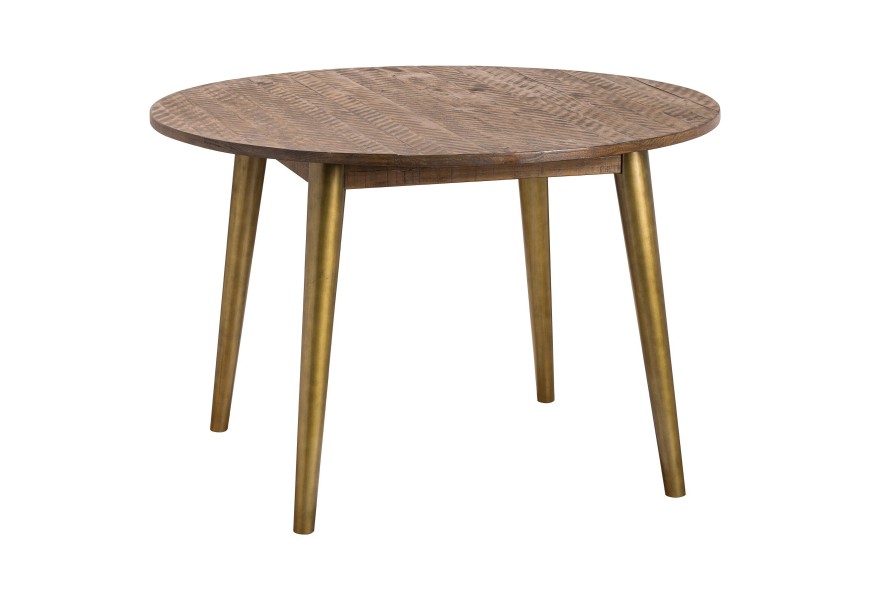 Štýlový masívny jedálenský stôl Havana Oro v retro štýle kruhového tvaru hnedej farby so zlatými nohami