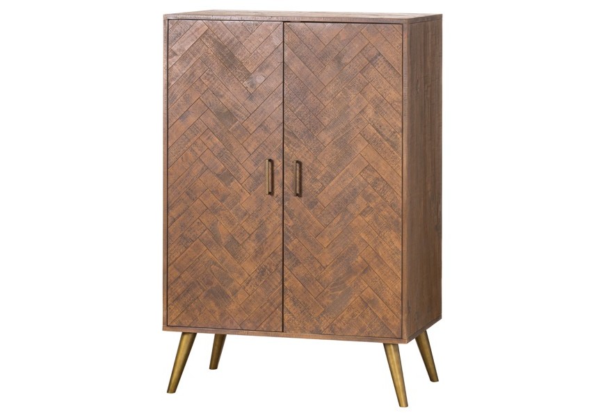 Retro barová skrinka HAVANA ORO z masívneho dreva hnedej farby so zlatými nožičkami so štýlovým parketovým vzorom na dvierkach
