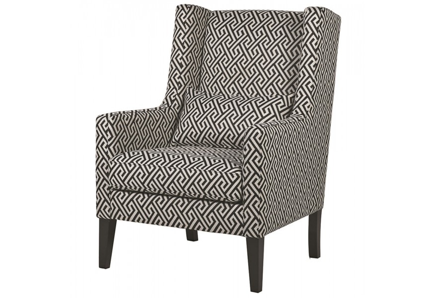 Retro čierno-biele kreslo Xolotl s čalúnením s aztéckym vzorom s drevenými nožičkami