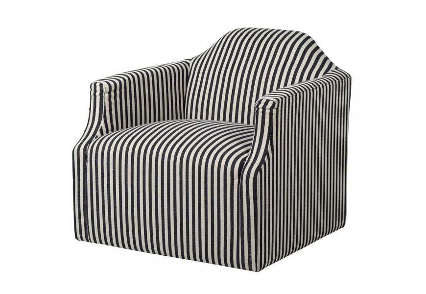 Štýlové retro kreslo Arkadda s čierno-bielym pruhovaným poťahom s operadlom a podrúčkami