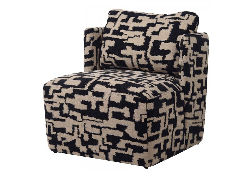 Dizajnové čalúnené kreslo Sevila v retro štýle s čierno-béžovým geometrickým vzorom