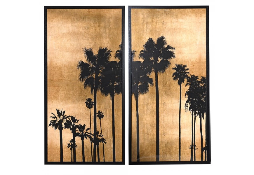 Štýlový závesný set dvoch veľkých obrazov Palms hnedej a čiernej-zlatom prevedení