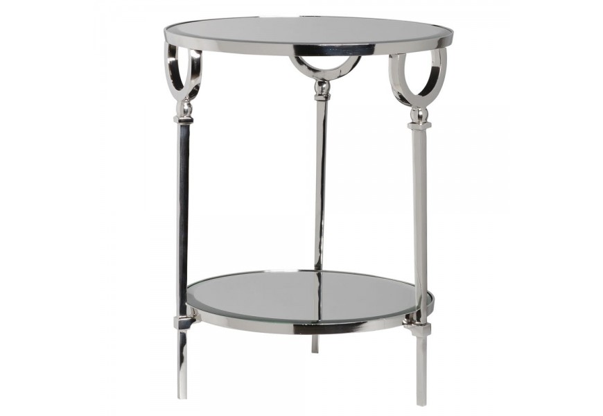 Okrúhly príručný stolík v Art-deco štýle z chrómu a zrkadiel