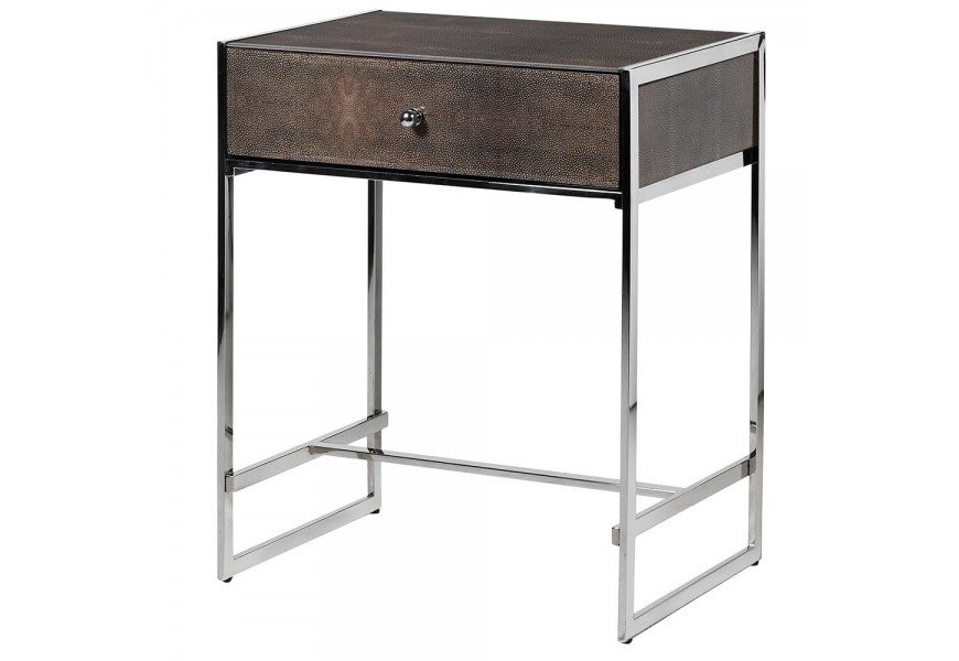 Elegantný chrómový nočný stolík Oracle v hnedej farbe s kovovou konštrukciou a praktickou zásuvkou