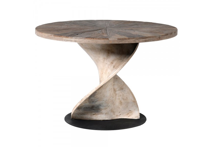 Okrúhly štýlový jedálenský stôl z brezového dreva s výzdobou v tvare hviezdy a s atypickou drevenou podnožou s čiernym kruhovým