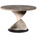 Okrúhly štýlový jedálenský stôl z brezového dreva s výzdobou v tvare hviezdy a s atypickou drevenou podnožou s čiernym kruhovým