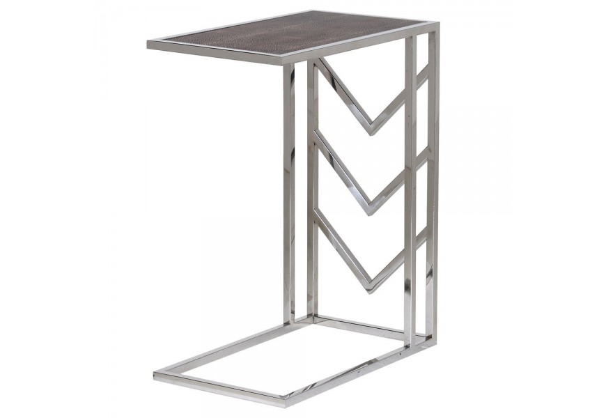 Dizajnový chrómový odkladací stolík Oracle s kovovou konštrukciou a tmavohnedou povrchovou doskou