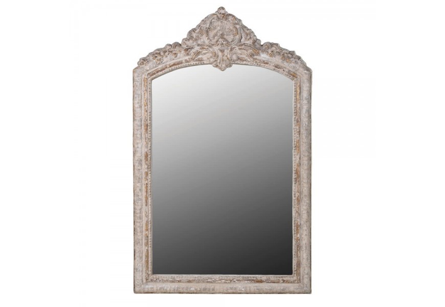 Vintage nástenné zrkadlo z masívu v krémovej farbe s kvetinovou vyrezávanou výzdobou na vrchu 145 cm