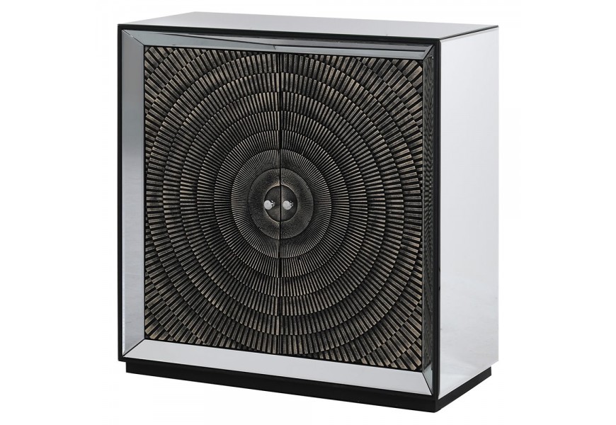 Zrkadlová čierna skrinka Espejo Nera so zrkadlovou konštrukciou a dvierkami s geometrickým kruhovým vzorom