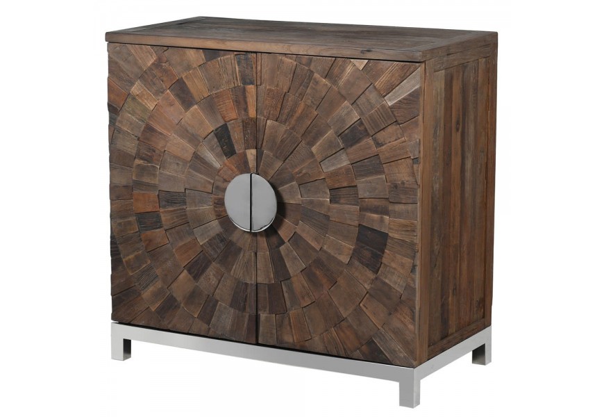 Dizajnová štvorcová Komoda Furria z masívneho brestového dreva tmavohnedej farby s geometrickými vzormi