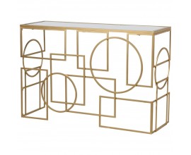 Dizajnová geometrická konzola Eloisse v art-deco štýle so zlatou konštrukciou a zrkadlovou doskou