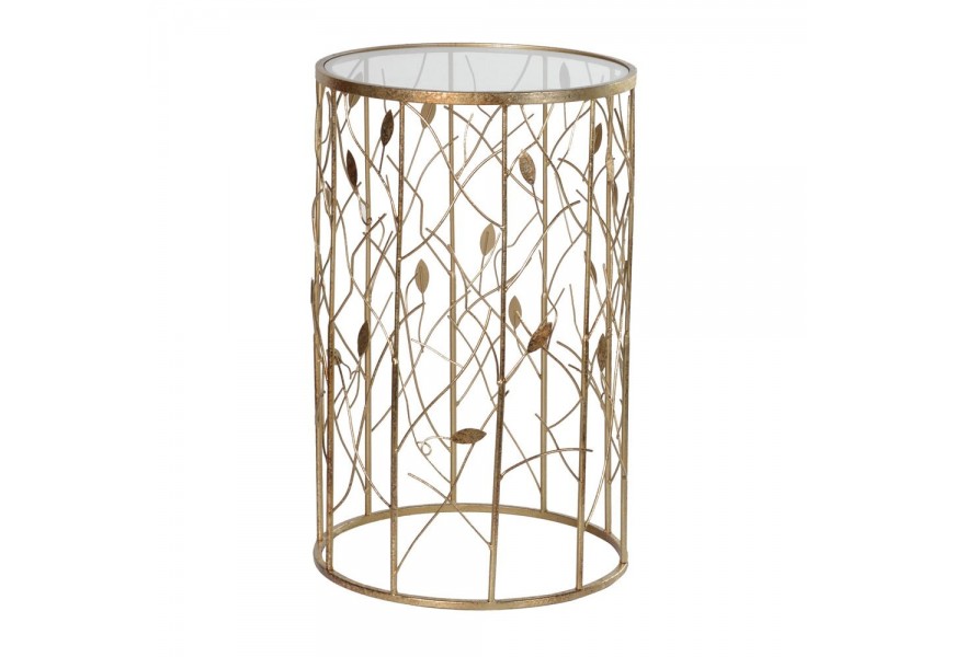 Dizajnový okrúhly Art-deco príručný stolík v zlatej farbe s výzdobou v tvare listov 38 cm