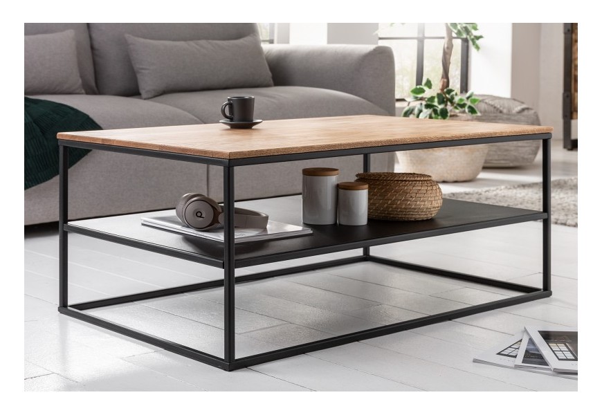 Hnedý masívny konferenčný stolík Westford s čiernym kovovým úložným priestorom v industriálnom prevedení