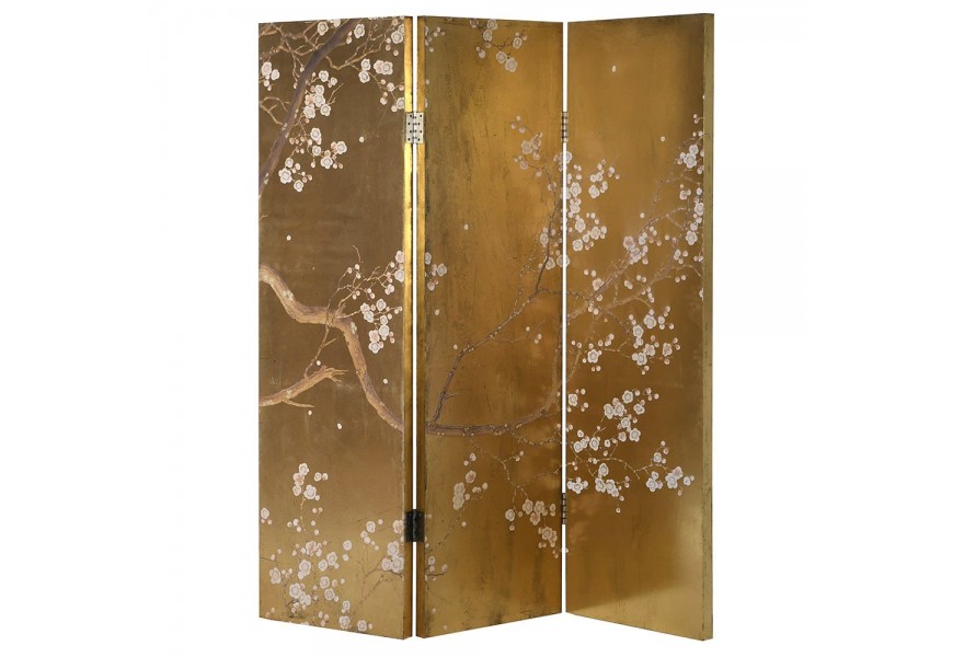 Dizajnový paraván v zlatej farbe s florálnym motívom japonských kvetín Sakura 198 cm