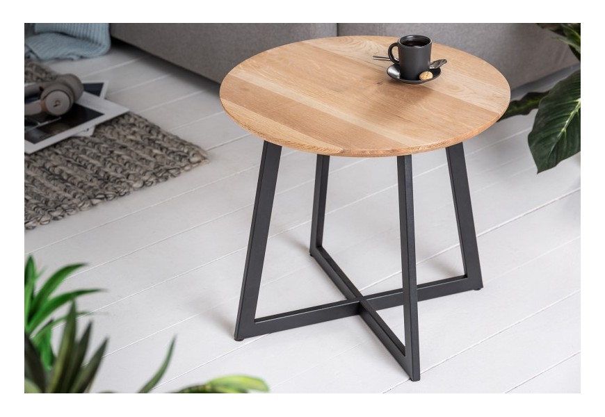 Industri&aacute;lny pr&iacute;ručn&yacute; okr&uacute;hly stol&iacute;k z mas&iacute;vu a čiernou kovovou podstavou Modul 50cm